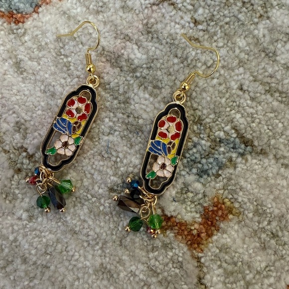 Floral Enamel Drop Earrings - Picture 1 of 5